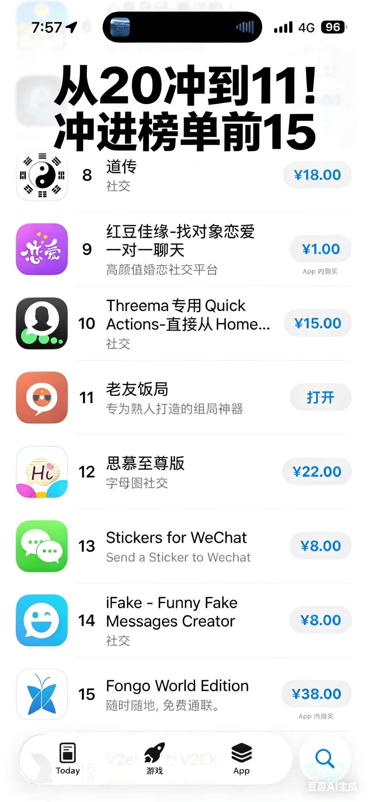 老友饭局冲到大陆区 iOS 社交类付费榜第 11 的 App Store 榜单截图